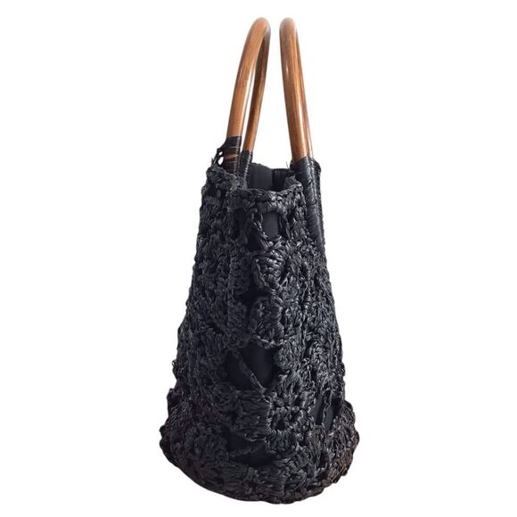 French Connection Black Crochet Tote Bag With Wooden Handles - Picture 4 of 10